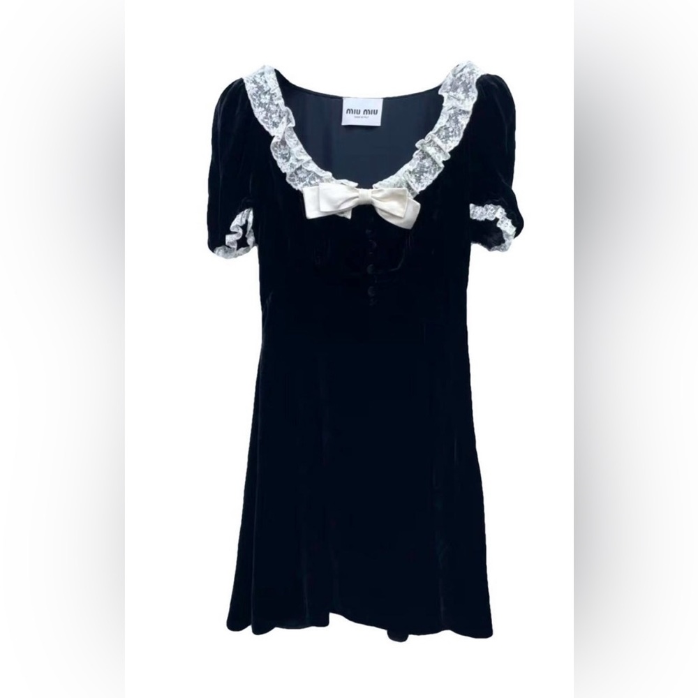 Miu Miu Black dress with White Lace and Bow
